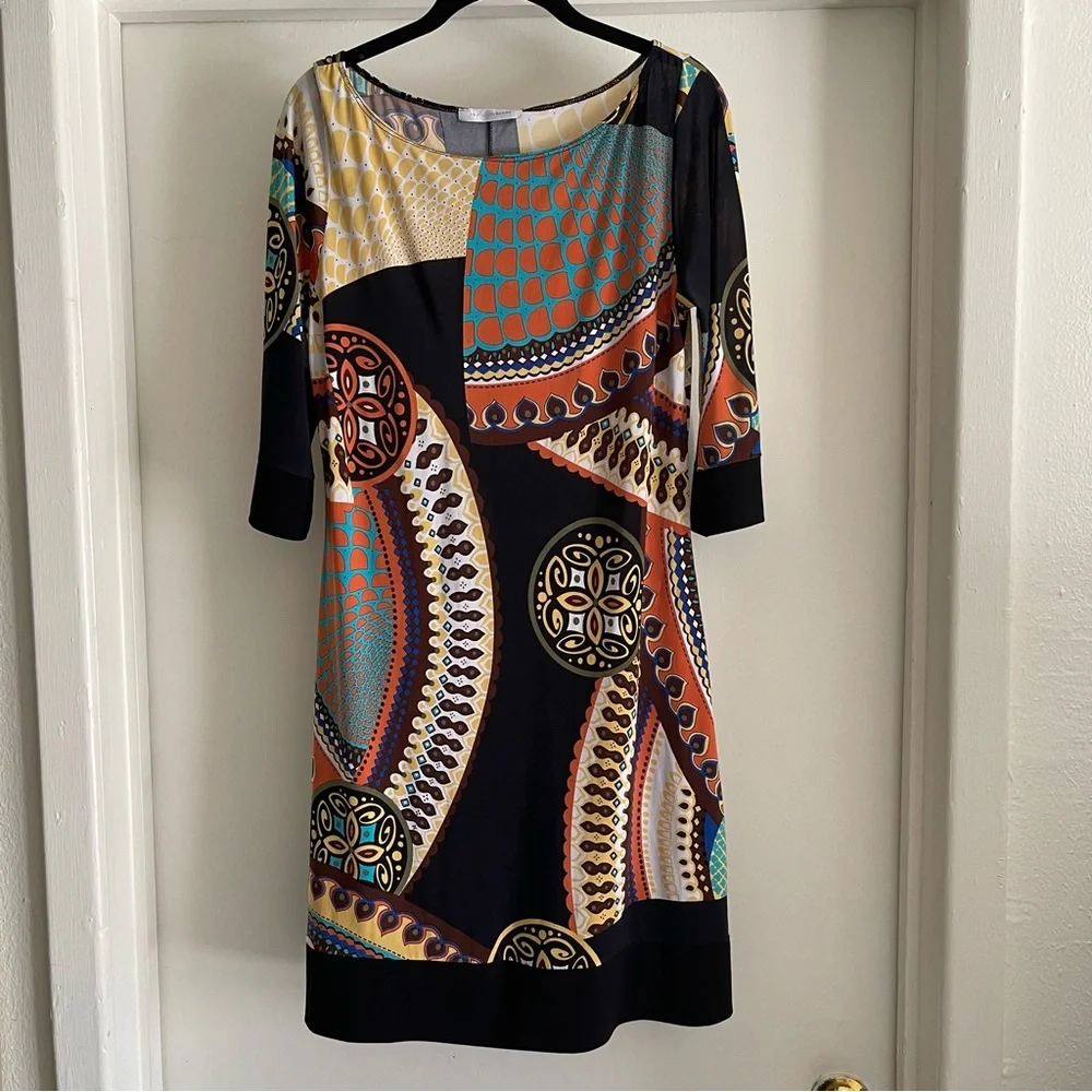 Papillon Blanc Geometric dress Black Yellow Orange size large Lightweight retro - Picture 3 of 9
